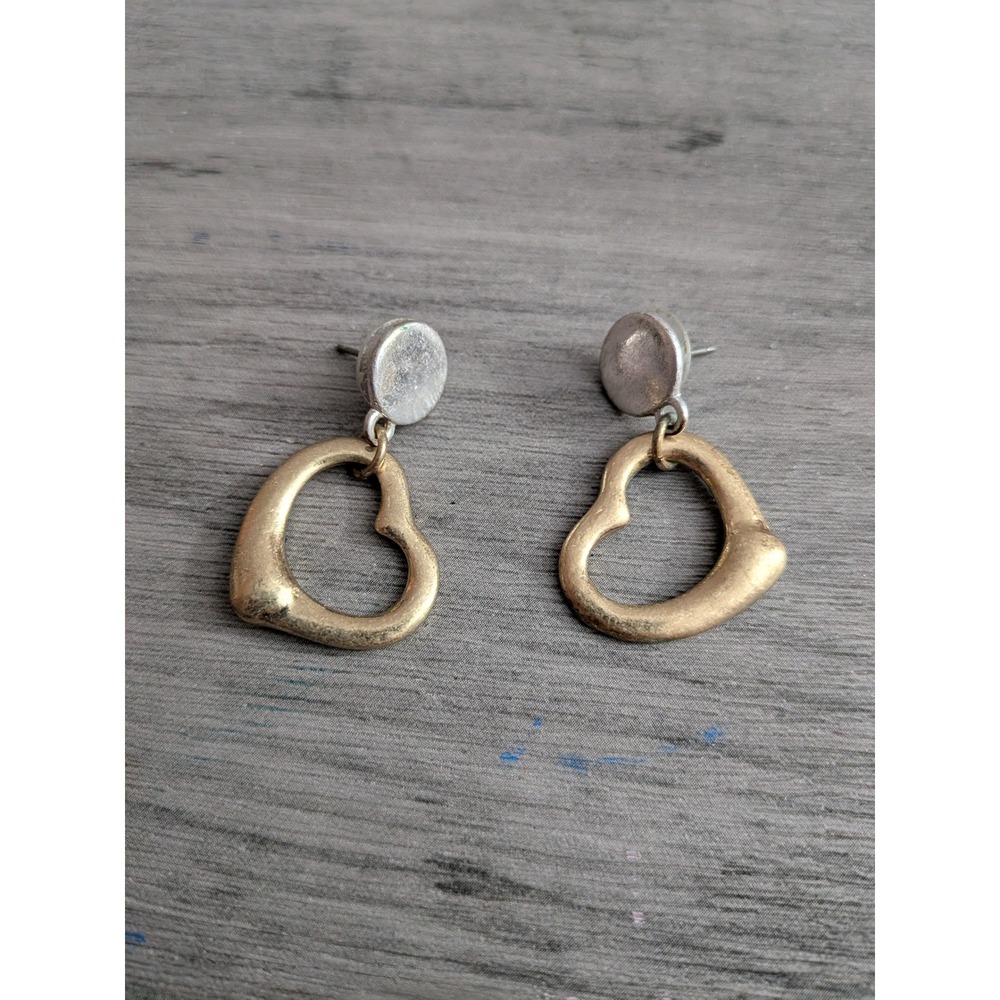 Mixed Metal Two Tone Heart Drop Earrings Silver Gold Tone Post Backs